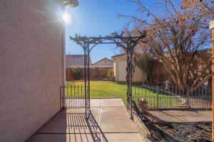 View of patio / terrace featuring a storage shed and a pergola