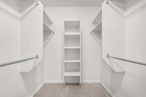 Spacious closet featuring light carpet in master bedroom.