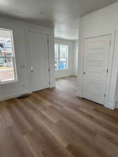 Foyer entrance with light hardwood / wood-style flooring