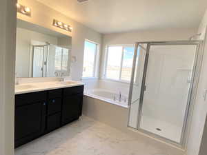 Primary bathroom featuring double vanity, seperate tub and shower