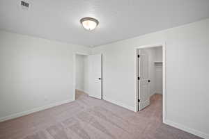 Spare room with light colored carpet and a textured ceiling