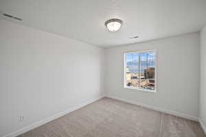 Carpeted empty room with a textured ceiling