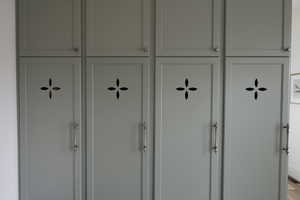 Close up view of Mudroom Cabinets. USB Electrical outlets inside