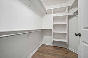 Walk in closet with dark wood-type flooring