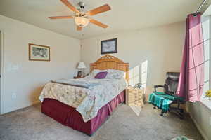 Bedroom featuring ceiling fan and carpet floors