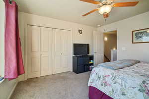 Carpeted bedroom with ceiling fan and a closet