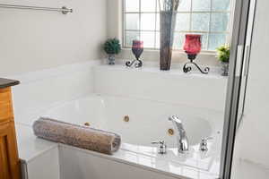 Bathroom with a bathtub and plenty of natural light