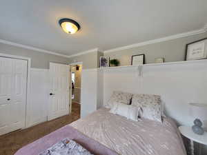 Bedroom featuring dark colored carpet, a closet, and ornamental molding