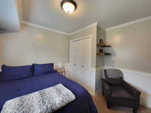 Bedroom featuring carpet flooring, crown molding, and a closet