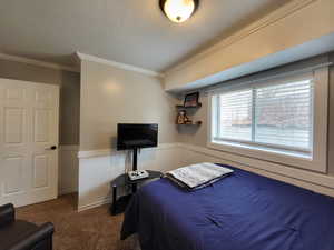 Carpeted bedroom featuring crown molding and a textured ceiling