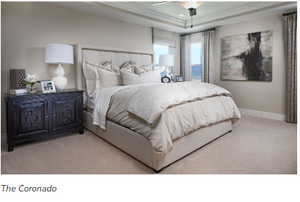 Carpeted bedroom featuring a raised ceiling and ceiling fan