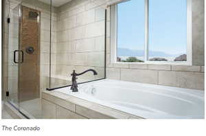 Bathroom with a mountain view and independent shower and bath