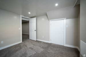 Interior space featuring carpet flooring and a textured ceiling