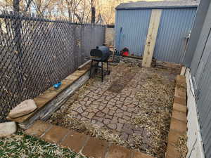 View of patio with area for grilling