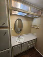 Bathroom with vanity and hardwood / wood-style flooring