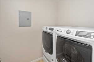 Laundry area with electric panel and independent washer and dryer