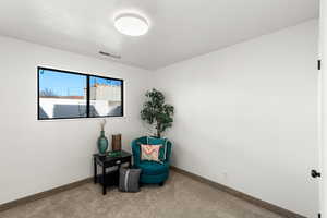 Sitting room featuring carpet floors