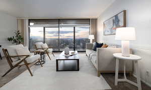 Carpeted living room with a wall of windows