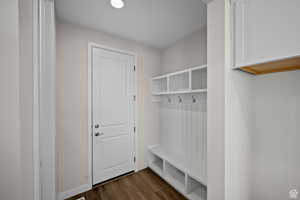 Mudroom featuring dark wood-type flooring