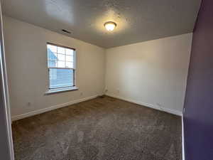 Carpeted empty room with a textured ceiling