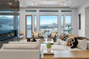 Living room featuring a mountain view and a premium fireplace