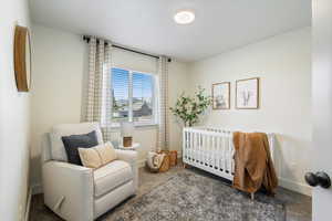 Carpeted bedroom with a crib