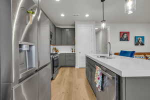 Kitchen featuring stainless steel appliances, light countertops, visible vents, gray cabinetry, and a sink