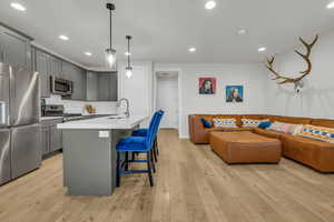 Kitchen featuring stainless steel appliances, tasteful backsplash, light wood-style floors, open floor plan, and a sink