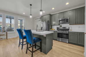 Kitchen with light wood-style flooring, stainless steel appliances, a breakfast bar, a sink, and backsplash