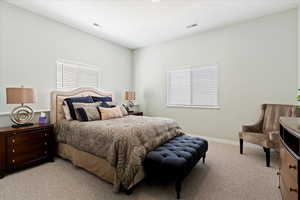 Bedroom with light carpet