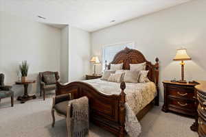 Carpeted bedroom featuring a textured ceiling