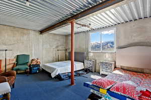 Bedroom featuring carpet and a mountain view