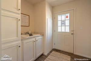 Entryway with sink and dark hardwood / wood-style floors