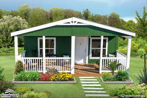 View of outdoor structure featuring a porch and a yard