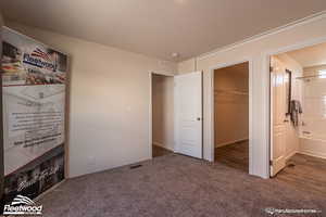 Unfurnished bedroom featuring ensuite bathroom, a closet, carpet, and a spacious closet