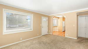 Carpeted foyer featuring a healthy amount of sunlight and ornamental molding