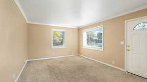 Carpeted foyer entrance featuring crown molding