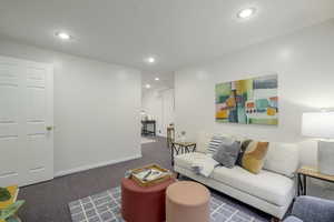 Living room featuring dark colored carpet