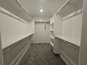 Walk in closet with dark carpet