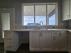 Kitchen with white cabinets, plenty of natural light, decorative backsplash, and sink