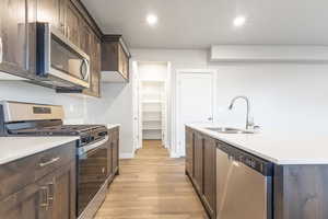 Kitchen featuring appliances with stainless steel finishes, sink, a kitchen island with sink, dark brown cabinetry, and light hardwood / wood-style floors