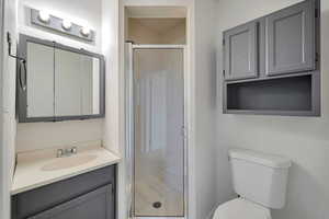 Bathroom with vanity, toilet, and a shower with door