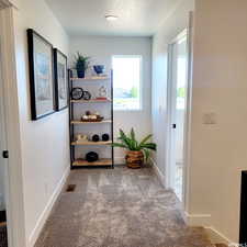 Hallway featuring carpet and a textured ceiling