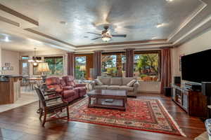 Living room featuring a raised ceiling and hardwood / wood-style floors