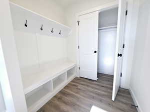 Mudroom with dark hardwood / wood-style floors