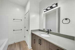 Bathroom with hardwood / wood-style floors and vanity