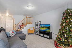 Carpeted living room featuring a textured ceiling