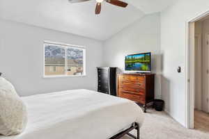 Bedroom featuring ceiling fan, carpet floors, and lofted ceiling