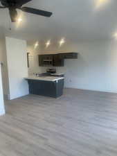 Kitchen with kitchen peninsula, appliances with stainless steel finishes, ceiling fan, sink, and light hardwood / wood-style floors