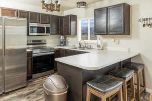 Kitchen with hardwood / wood-style floors, sink, appliances with stainless steel finishes, a kitchen bar, and kitchen peninsula